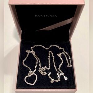 🌹🍃New Authentic Pandora Pink Pave’ Heart Sterling Silver Pendant Chain Necklace